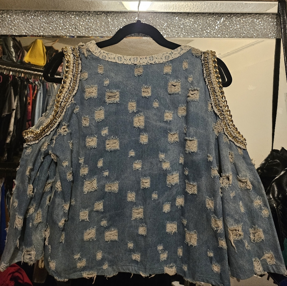 Distressed Denim Cold Shoulder Top